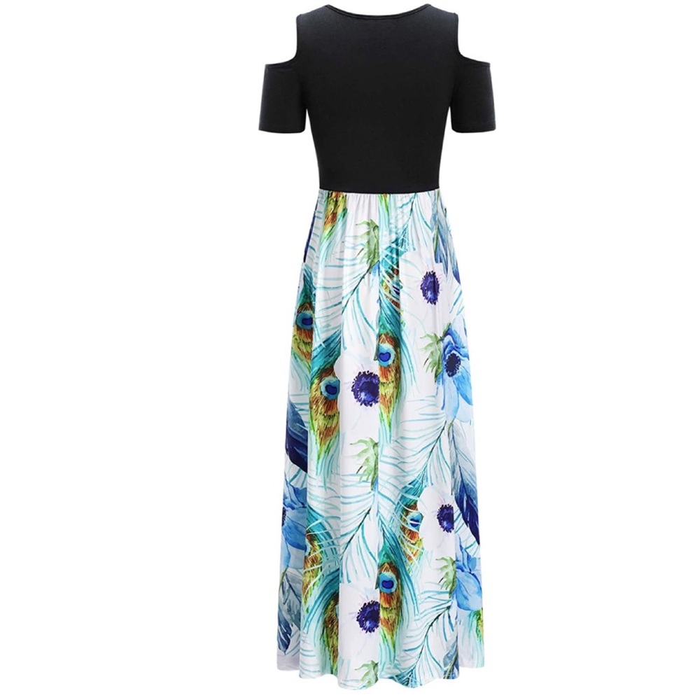 Cold Shoulder Floral Casual Long Maxi Dress Pocket - Picture 4 of 10